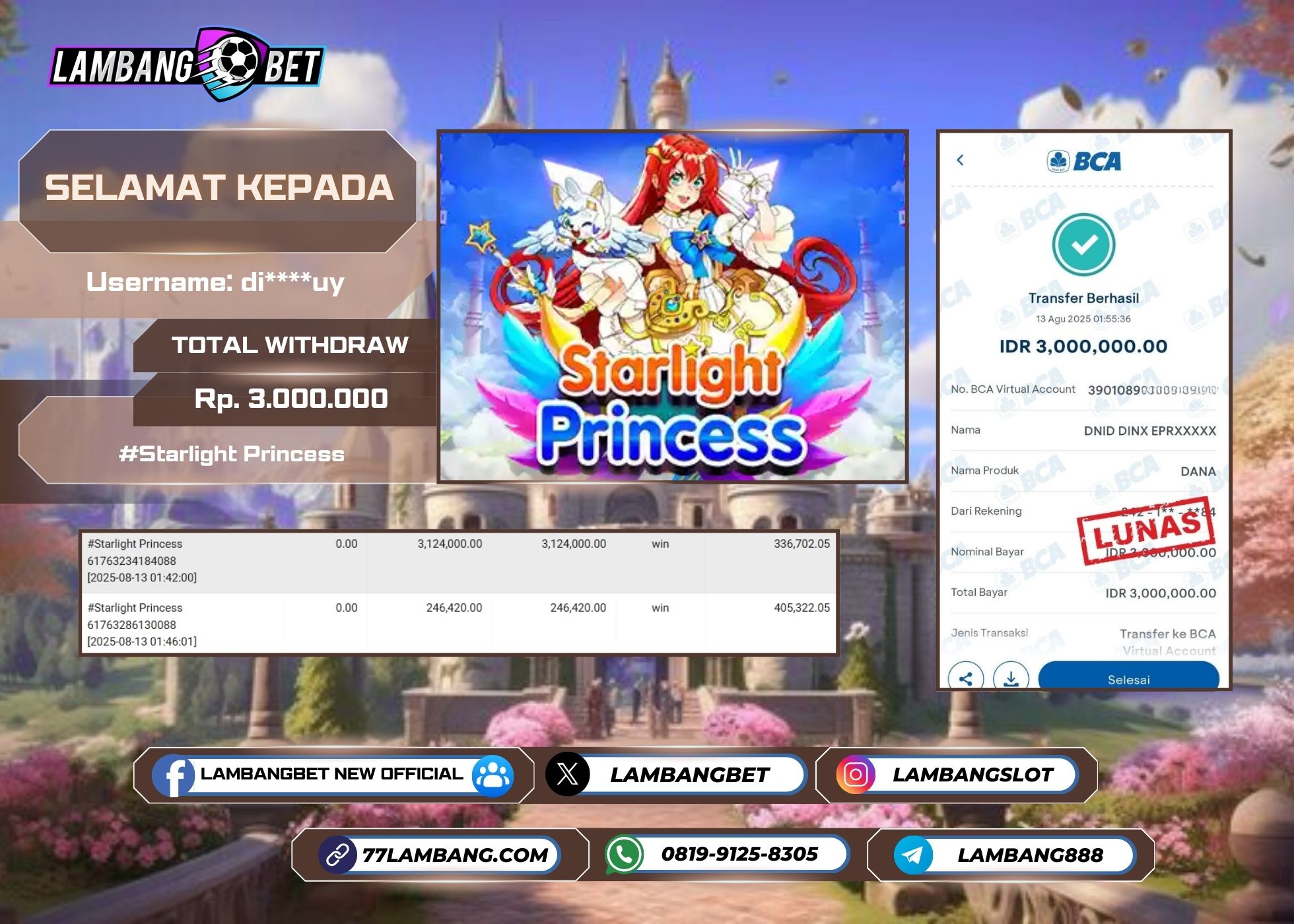 LAMBANGBET [13 AUGUST 2025] JACKPOT SLOT Starlight Princess "Rp3.000.000" LUNAS